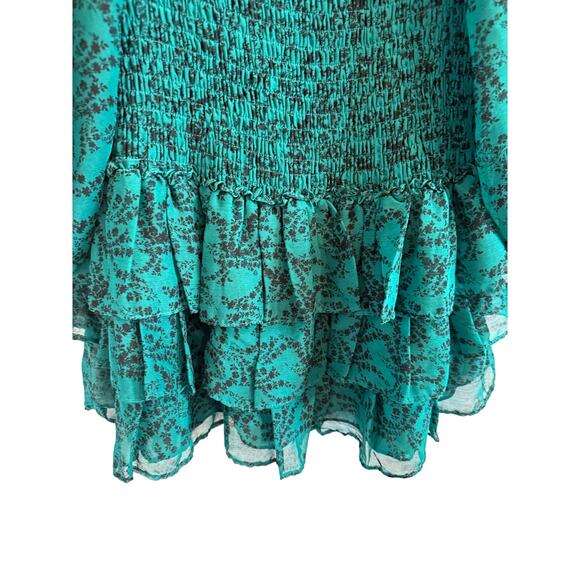 Olivaceous South Sz L Green Floral Smocked Body Sheer Sleeve Short Boho Dress - Picture 5 of 7